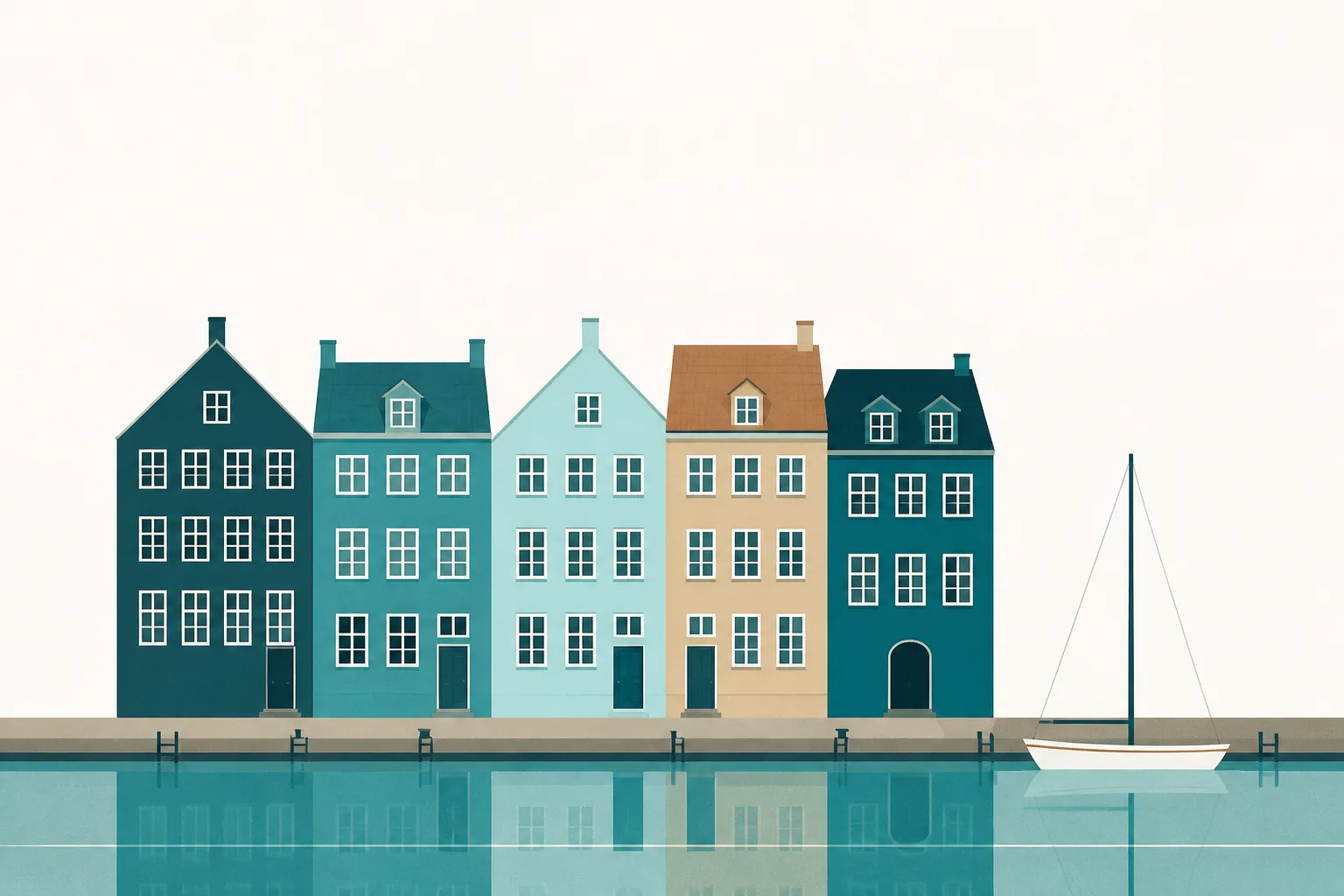 Minimal illustration of Copenhagen's Nyhavn waterfront in Ceero's teal palette