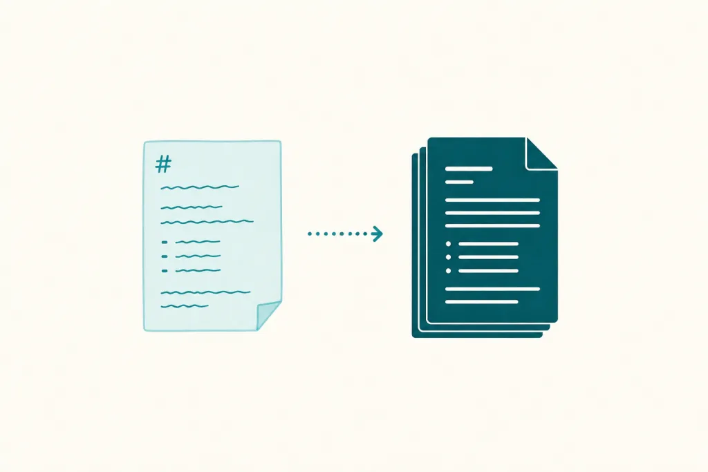Illustration of a markdown draft turning into a stack of finished PDFs