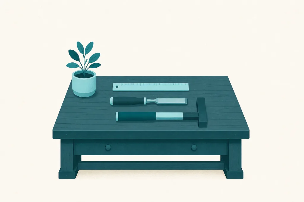 A tidy workbench with a few precise hand tools, in Ceero's teal palette