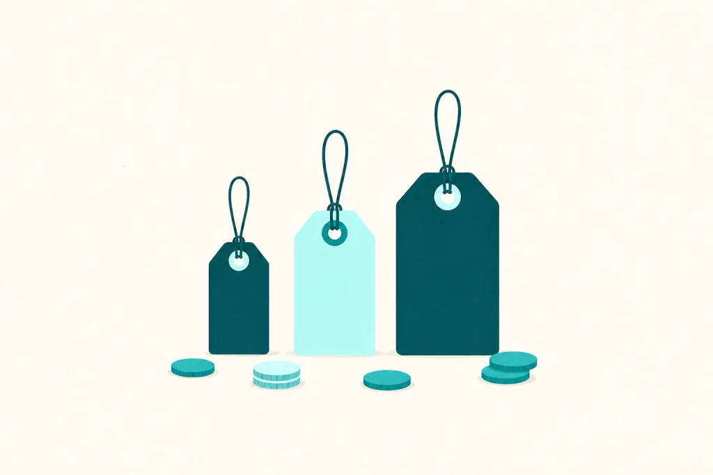 Three price tags of different sizes with loose coins scattered beneath them