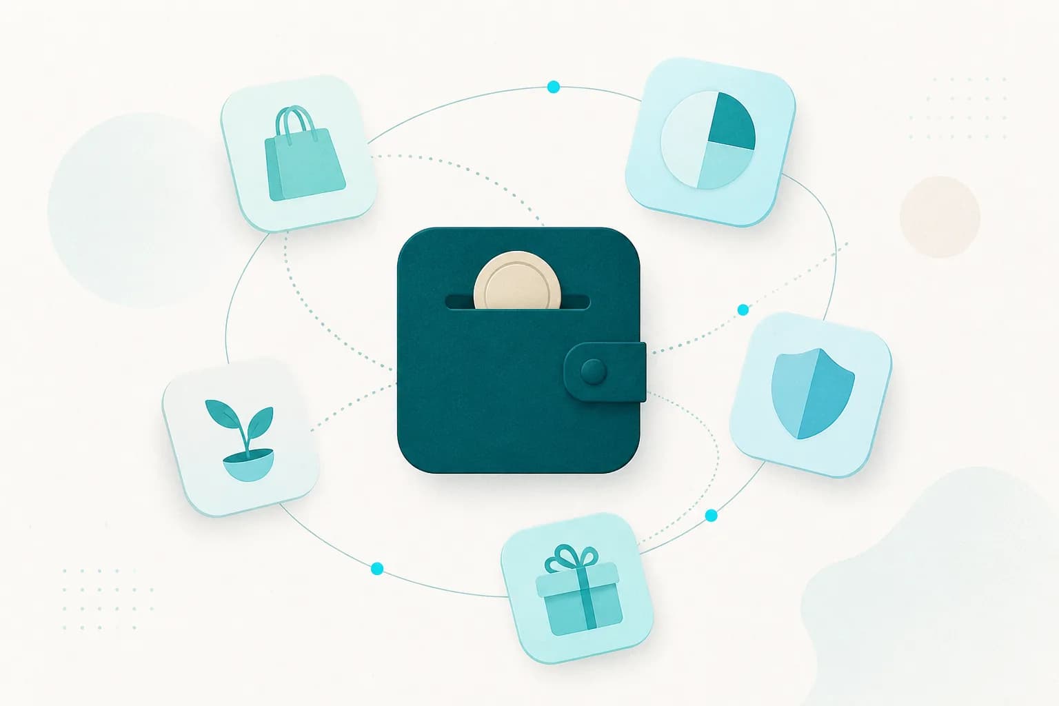 Illustration of one wallet connected to five app tiles